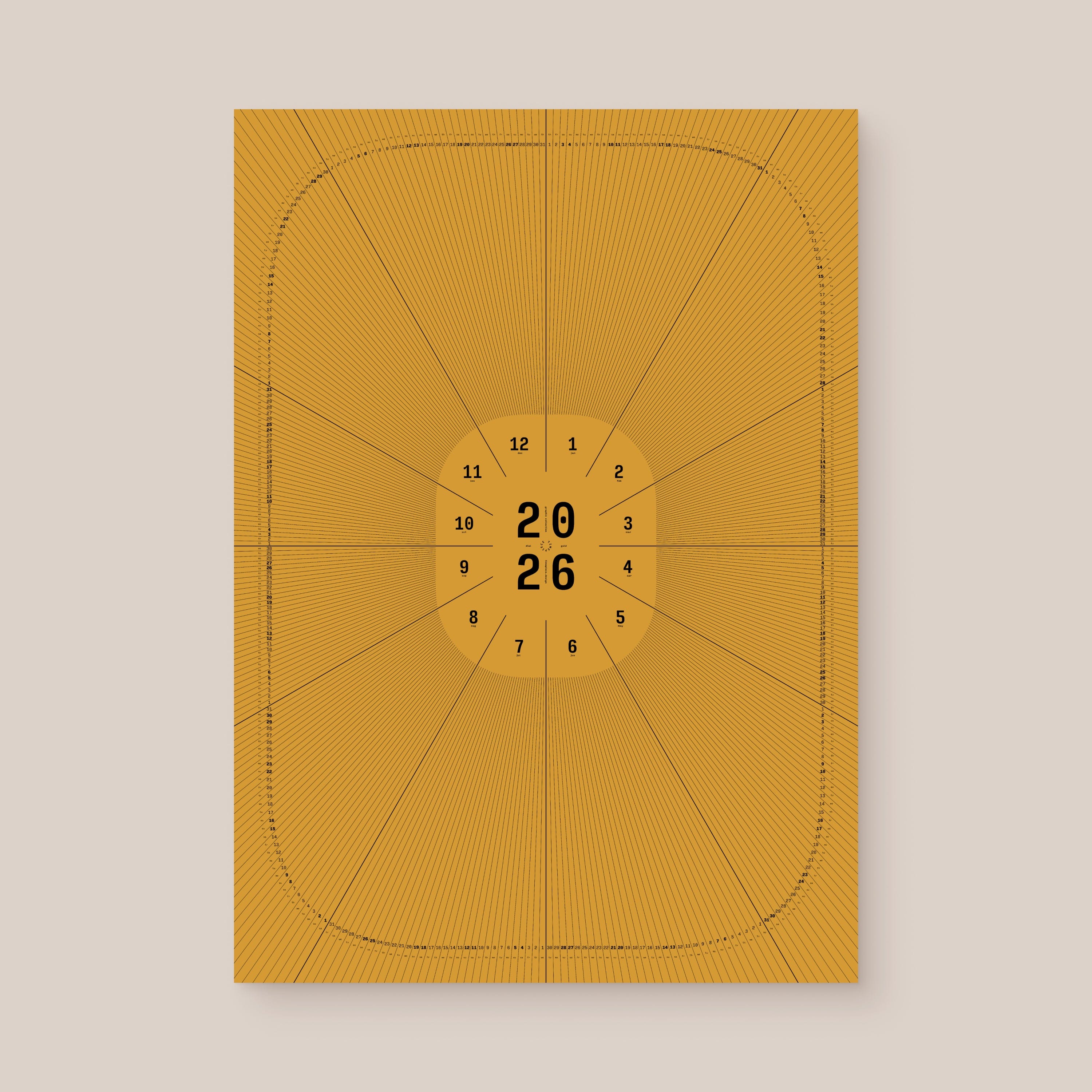 Yellow geometric calendar with a circular design and numbers on a beige wall, unframed