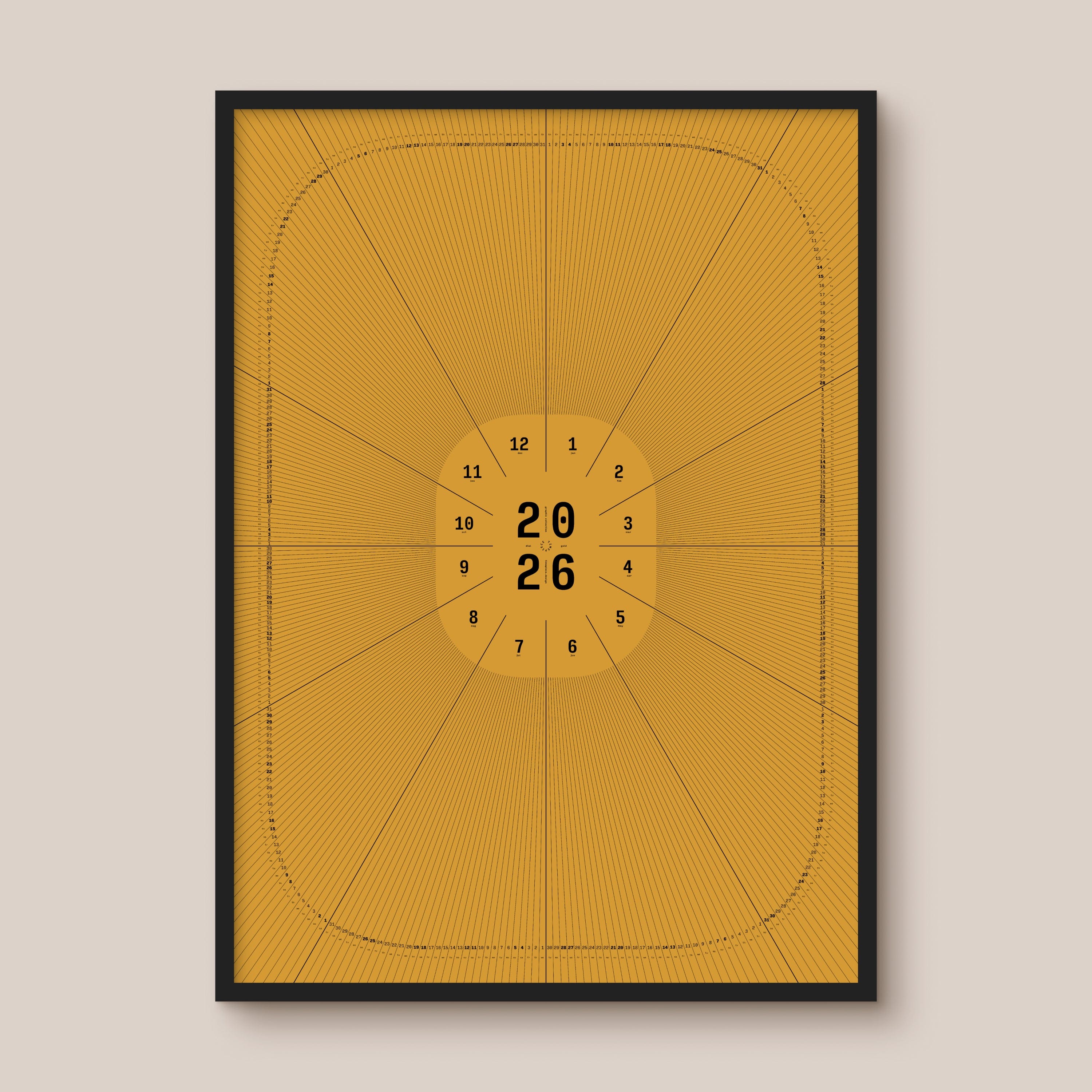 Yellow geometric calendar with a circular design and numbers on a beige wall, black wooden frame
