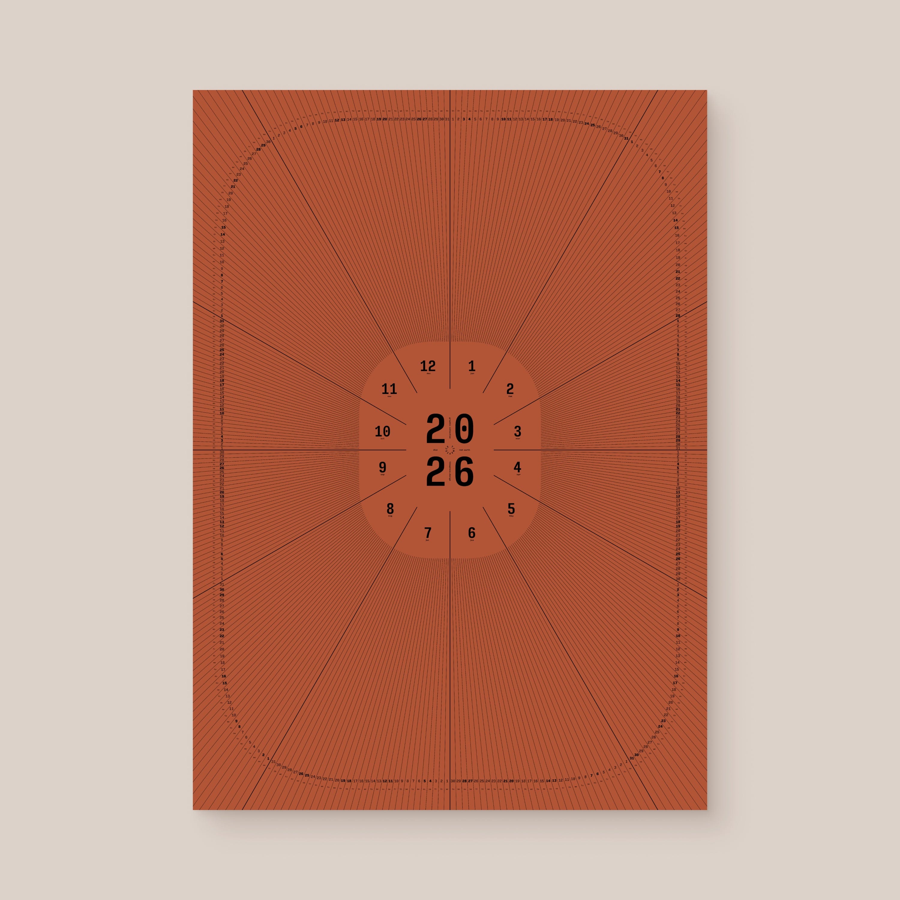 Red geometric calendar with a circular design and numbers on a beige wall, unframed