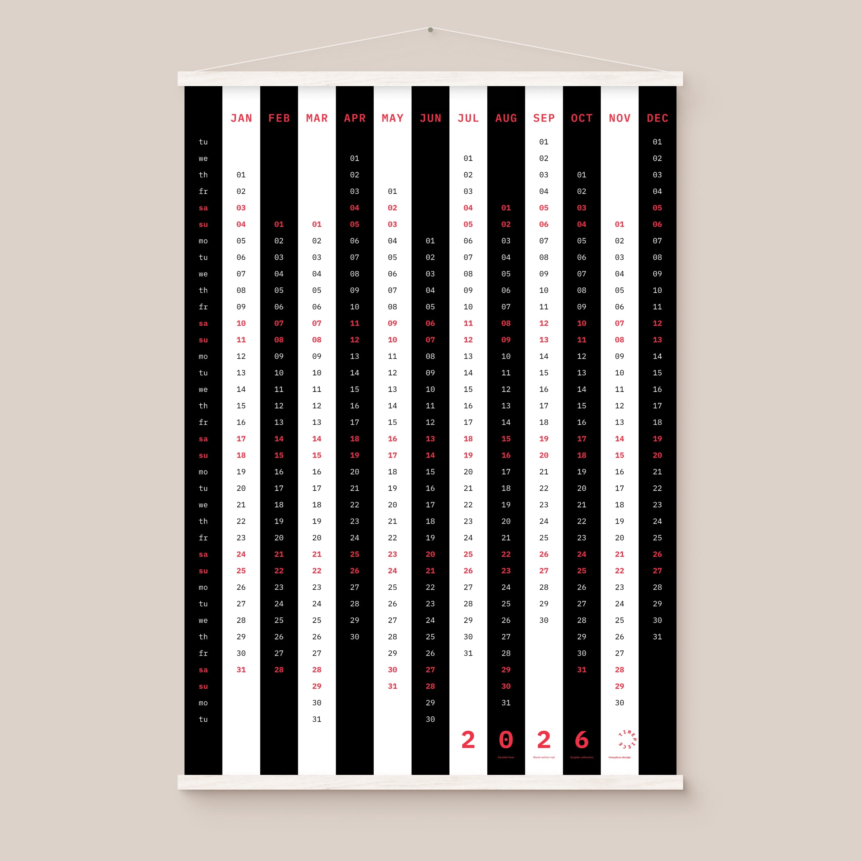 Yearly calendar with black and white vertical stripes and red highlights on a beige background, white hanger frame