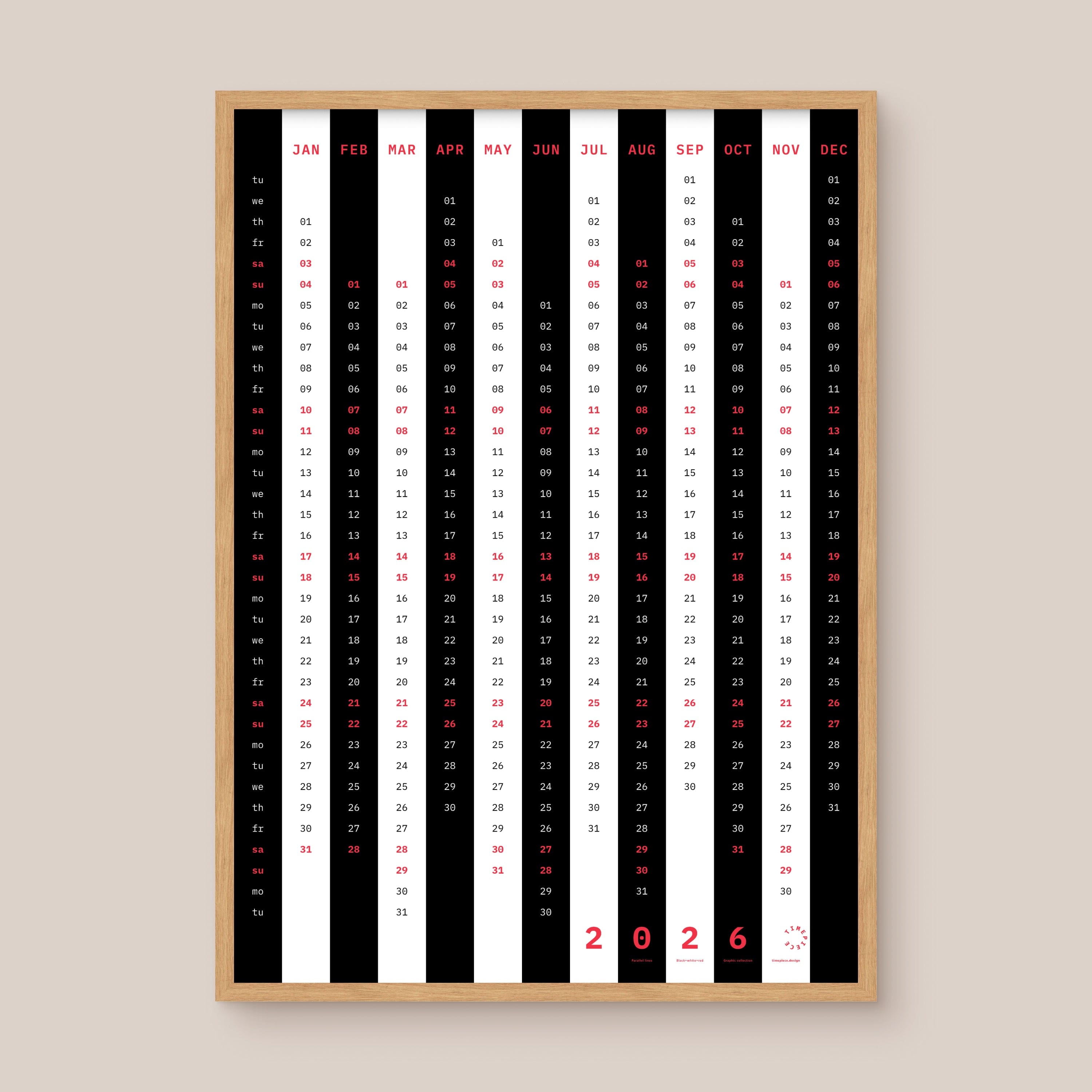 Yearly calendar with black and white vertical stripes and red highlights on a beige background, natural wooden frame