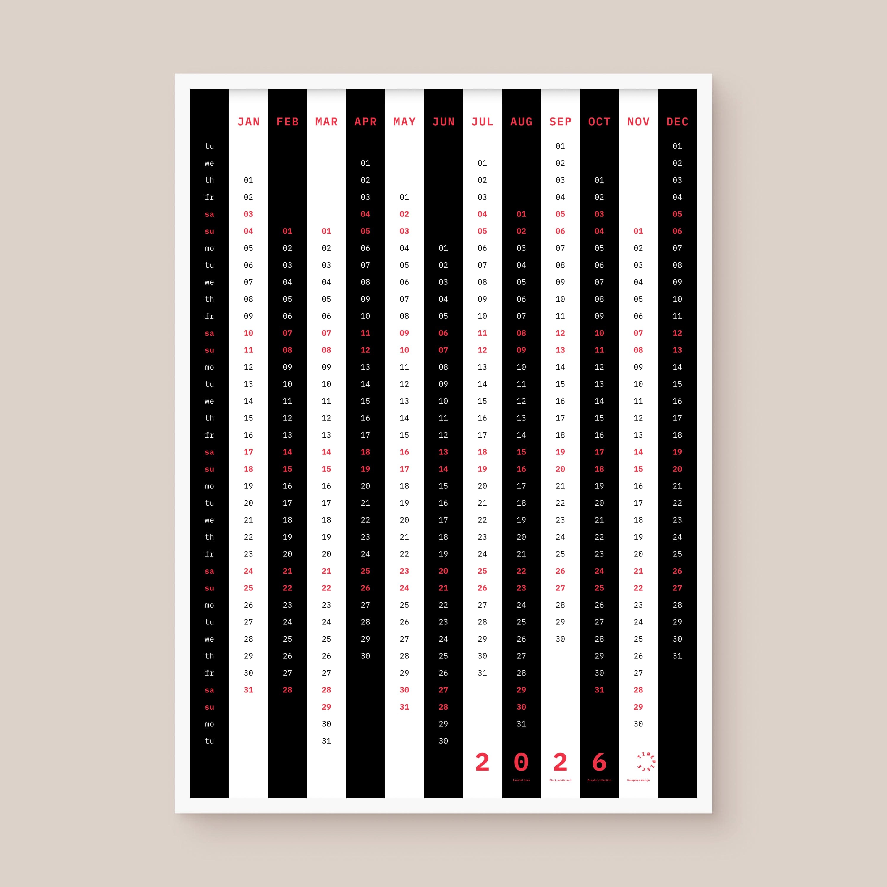 Yearly calendar with black and white vertical stripes and red highlights on a beige background, white frame