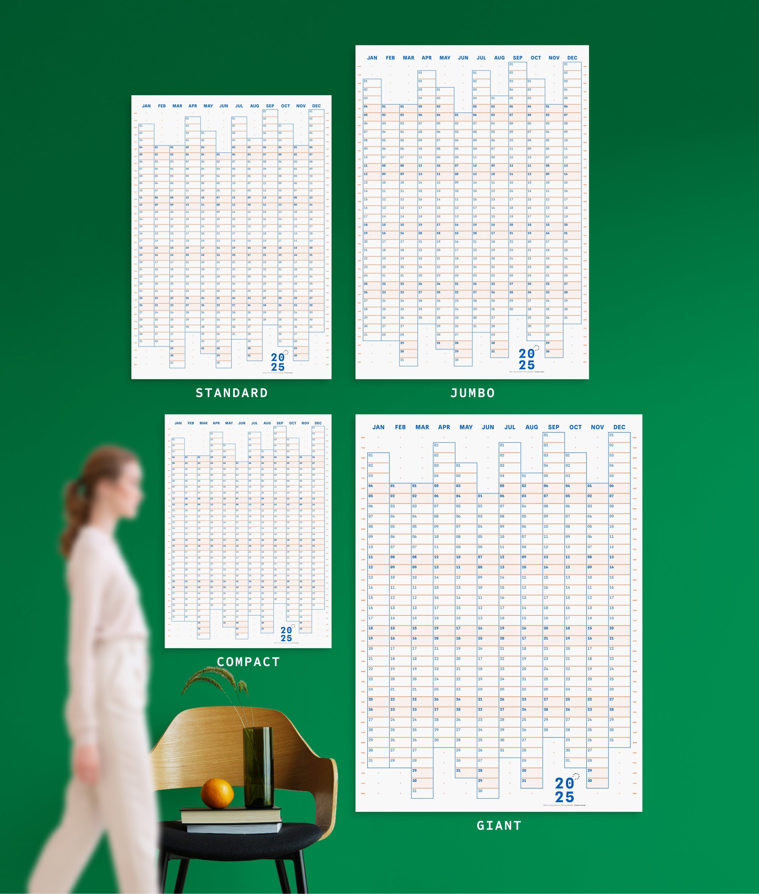 4 sizes of Dotline in Blue-orange colour yearly planner on green wall, with person, chair, orange and vase shown for scale