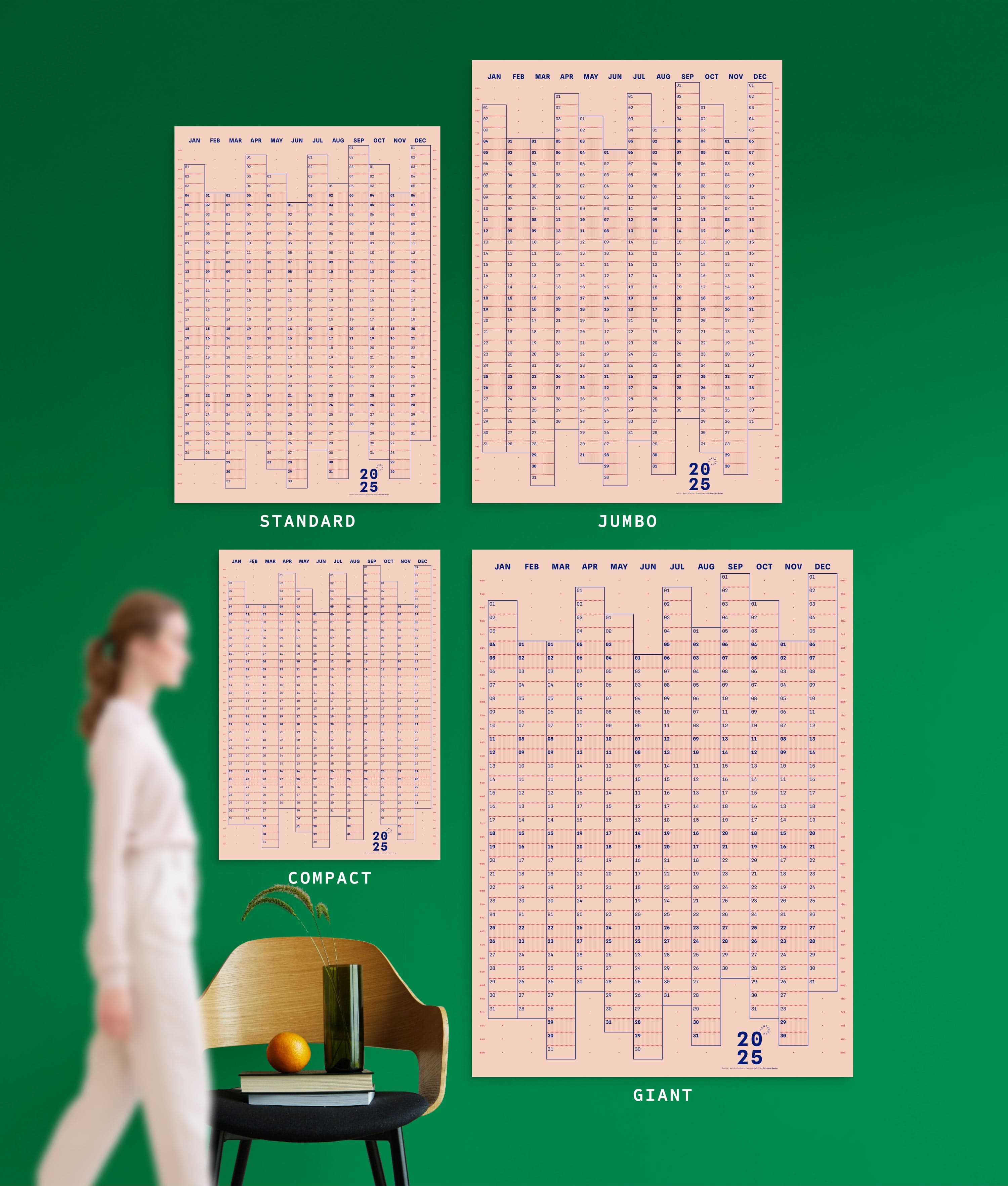 4 sizes of Dotline in Peach colour yearly planner on green wall, with person, chair, orange and vase shown for scale