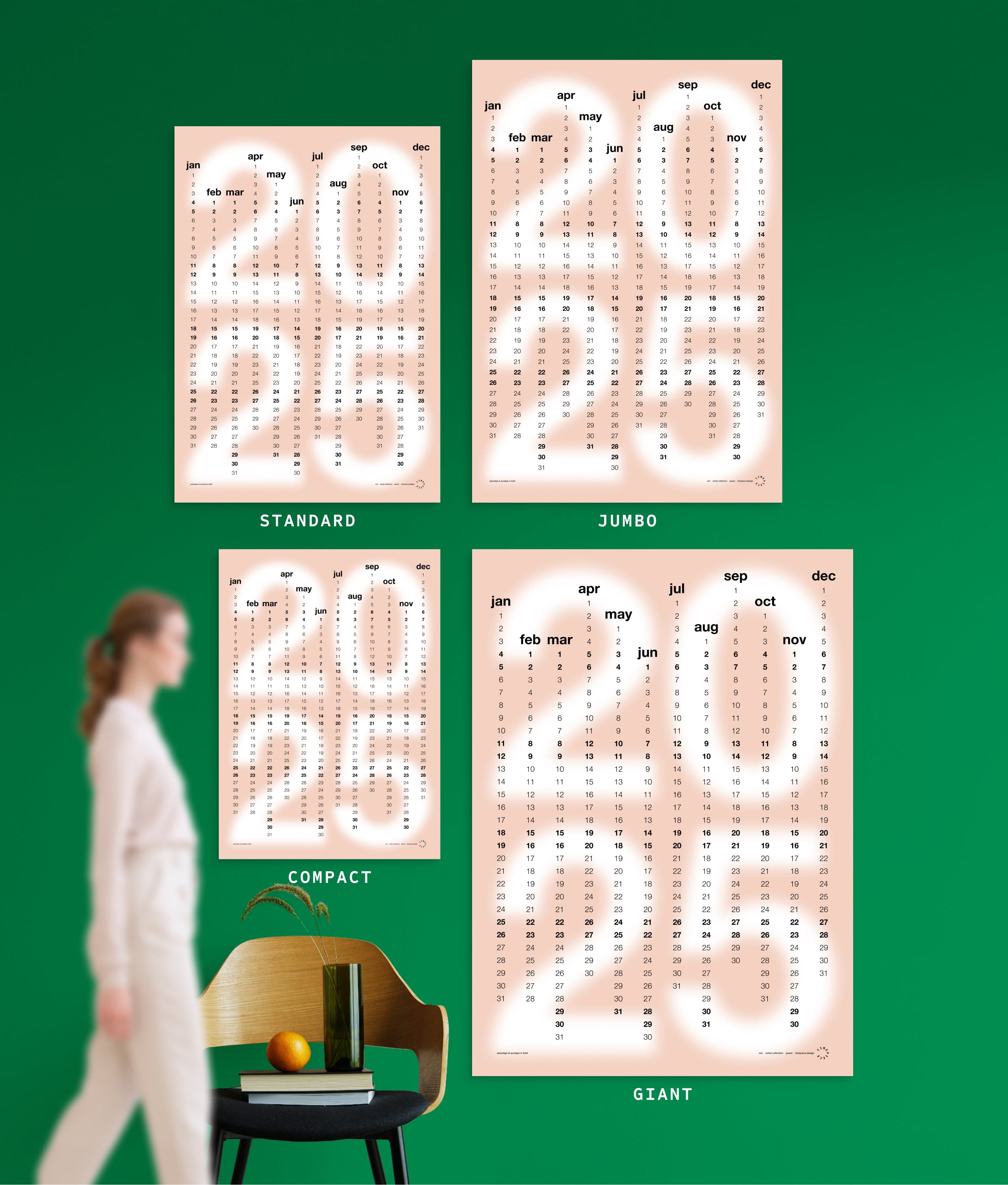4 sizes of Min in Peach colour yearly planner on green wall, with person, chair, orange and vase shown for scale